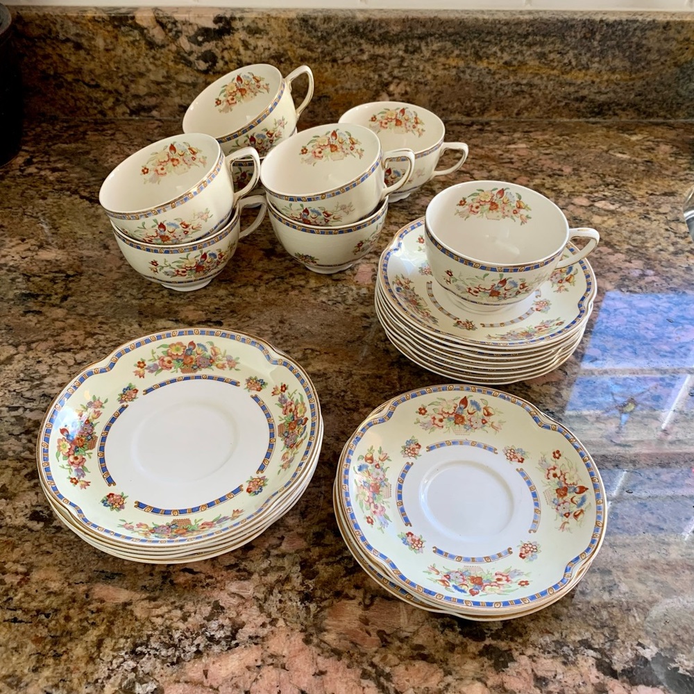 Vintage Johnson brothers Victoria floral basket cup saucers pareek England